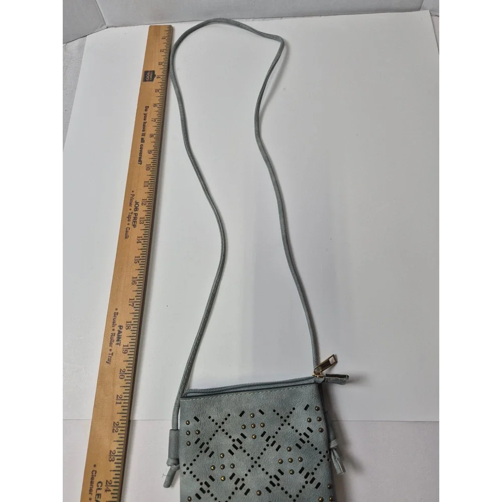 Stay Beautiful Laser Cut Studded Crossbody Phone Bag Blue Faux Suede boho